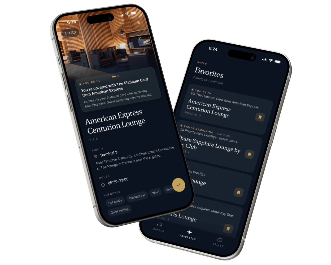 LoungeAdvisor on iPhone showing Centurion Lounge access details and saved favorites